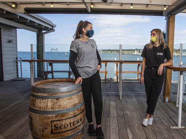 Ruby Holroyd with Emily Portinari at the Wah Wah Gee cafe on Geelong's pier. Picture:. Aaron Francis.