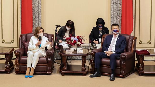 Nancy Pelosi at the Legislative Yuan, Taiwan's house of parliament, with Vice-President Tsai Chi-Chang. Picture: Getty Images.