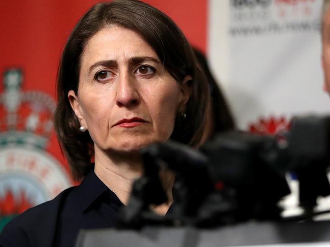 NSW Premier Gladys Berejiklian looks on during a press conference at the NSW Rural Fire Service (RFS) Headquarters in Sydney, Wednesday, January 1, 2020. Several bushfire-ravaged communities in NSW have greeted the new year under immediate threat. (AAP Image/Jeremy Ng) NO ARCHIVING