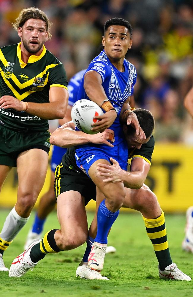 Sua Faalogo ran for 176 metres and busted 11 tackles in a super performance for Samoa. Picture: Getty Images