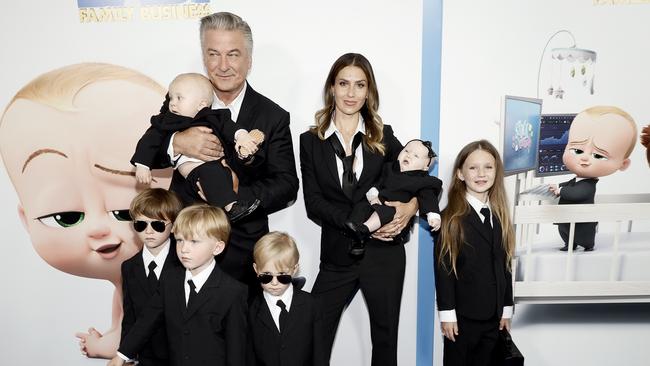 Alec and Hilaria Baldwin with six of their kids in 2021. Picture: Jamie McCarthy/Getty Images