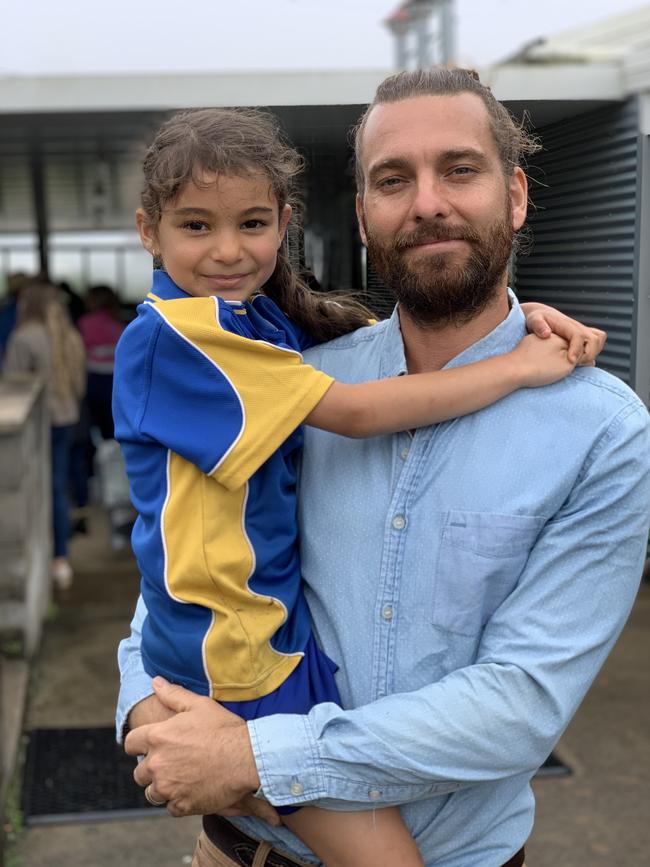 Pioneer Valley resident Douglas Cannon with his daughter Violet. Mr Cannon says the state government’s WildNet data system for logging fauna failed to capture the full platypus population in the proposed location for the hydro dams. Picture: Duncan Evans