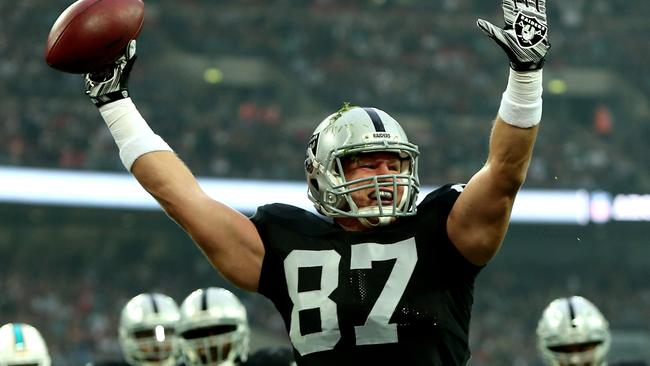 Brian Leonhardt celebrates a touchdown for Oakland at Wembley stadium.