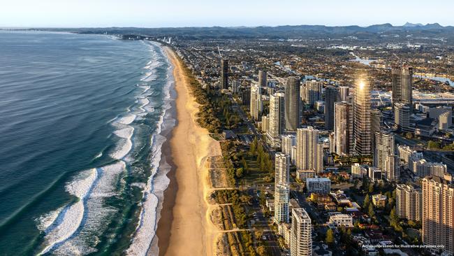 Artist impression of the Victoria and Albert (V &amp; A) towers which will replace the Niecon Plaza in Broadbeach. Picture: Iris Capital