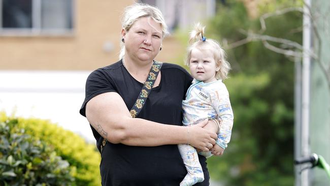 Abagail Sleaman with Aba Bell, 1, is currently living in temporary housing in Brisbane. Picture: Josh Woning