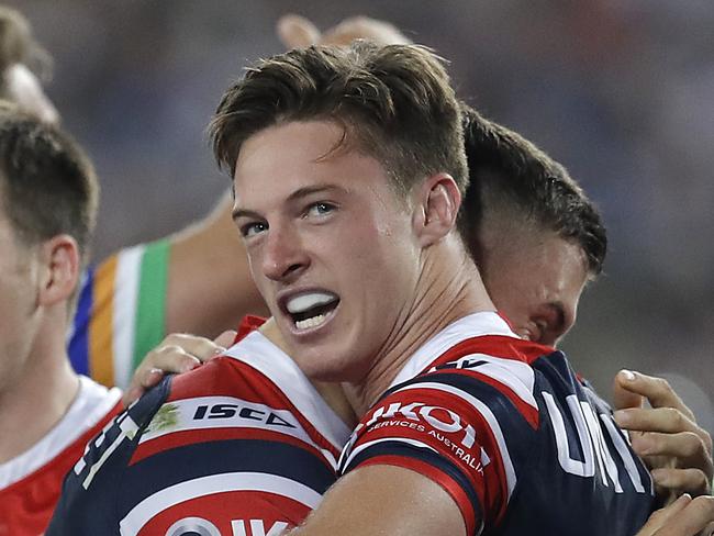 SYDNEY, AUSTRALIA - OCTOBER 06: Sam Verrills of the Roosters celebrates after scoring a try during the 2019 NRL Grand Final match between the Canberra Raiders and the Sydney Roosters at ANZ Stadium on October 06, 2019 in Sydney, Australia. (Photo by Ryan Pierse/Getty Images)