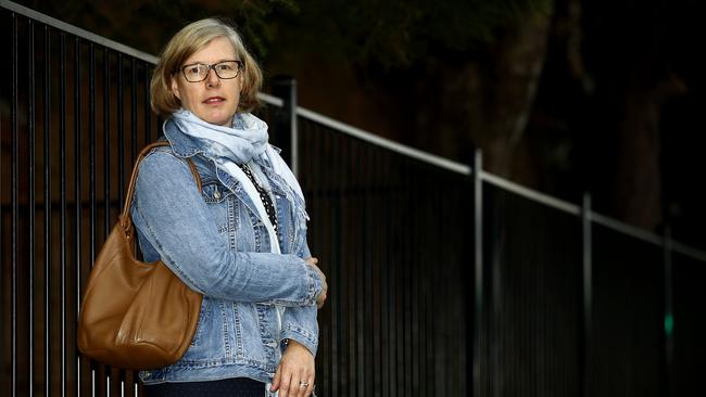 Ruth Lyons outside Annandale North Public school. She is not pleased with “happy clapper stuff” being taught at the school. Picture: John Appleyard