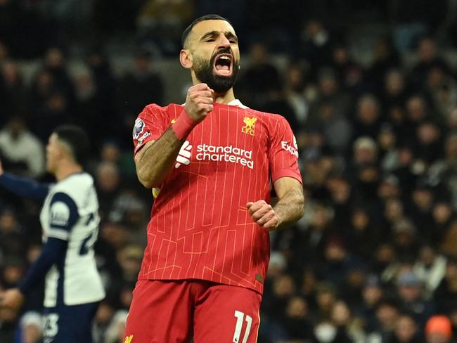 Mohamed Salah celebrates after scoring Liverpool’s fourth goal. Picture: AFP