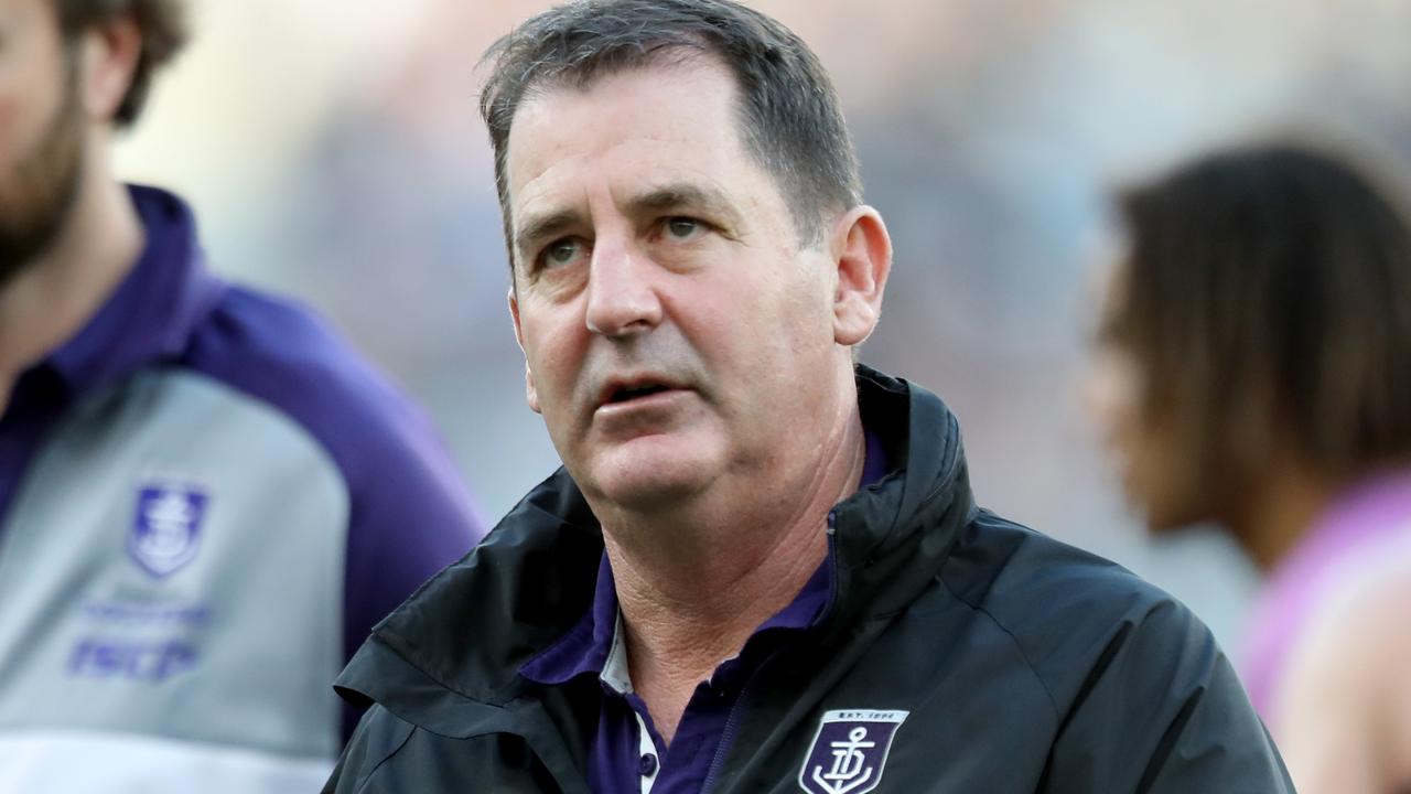 Dockers coach Ross Lyon is seen during the third quarter break during the Round 21 AFL match between the Fremantle Dockers and the Carlton Blues at Optus Stadium in Perth, Sunday, August 12, 2018. (AAP Image/Richard Wainwright) NO ARCHIVING, EDITORIAL USE ONLY