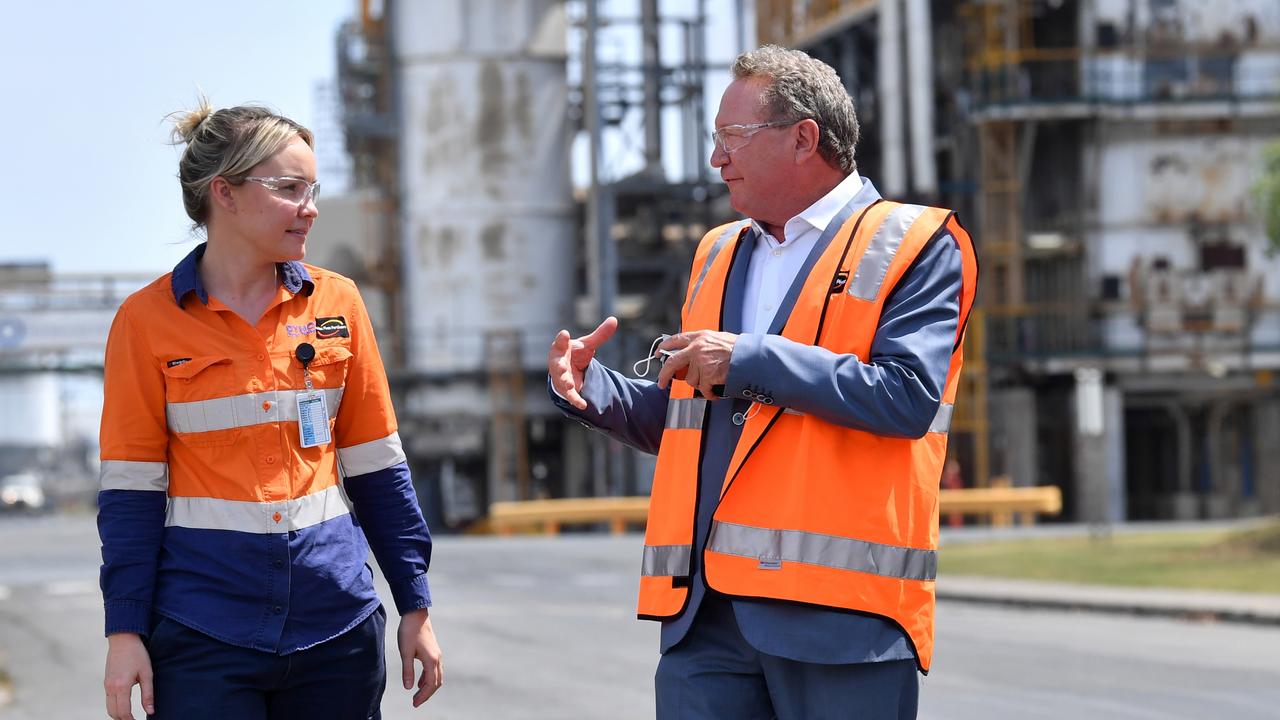 Incitec Pivot worker Christie Rossi chats with Fortescue Future Industries’ Andrew Forrest at Gibson Island. Picture: AAP