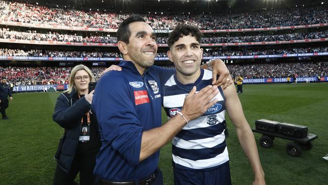 Eddie Betts with Tyson Stengle after the 2022 grand final. Picture: Darrian Traynor/AFL Photos/via Getty Images