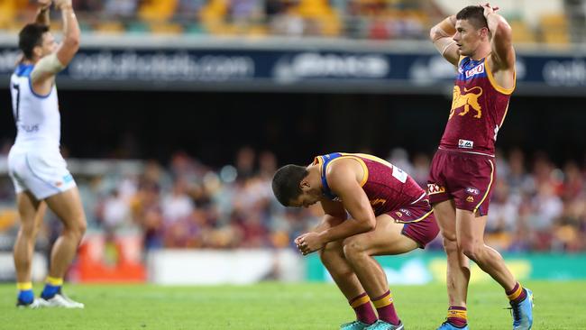 Cameron Rayner reacts after missing a late shot for goal in Brisbane’s loss to the Gold Coast. Picture: Chris Hyde/Getty Images                        <a capiid="8397870276e3607ddaf11bf10518ae3d" class="capi-video">'Worst set shot' of the year</a>