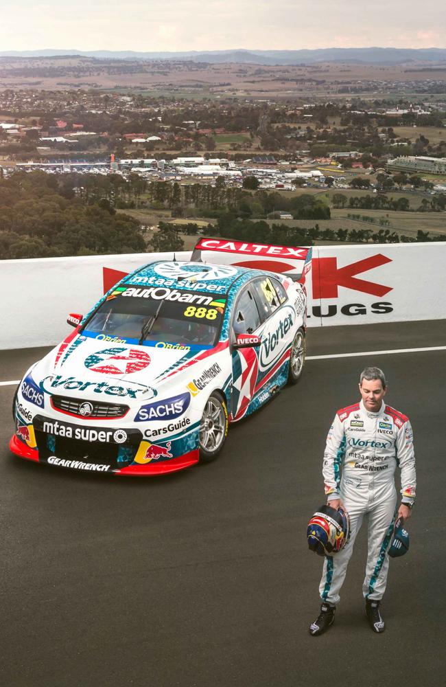 Craig Lowndes with his Commodore at the top of Mount Panorama’s Skyline in 2017.
