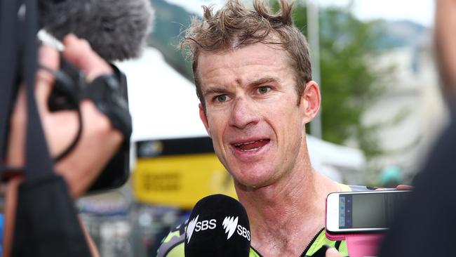 Tour de France stage 17 - Digne-Le-Bains to Pra Loup. Australian Michael Rogers talks to the media after his team mate Alberto Contador had a mechanical in the last few Kms. Photo Sarah Reed.