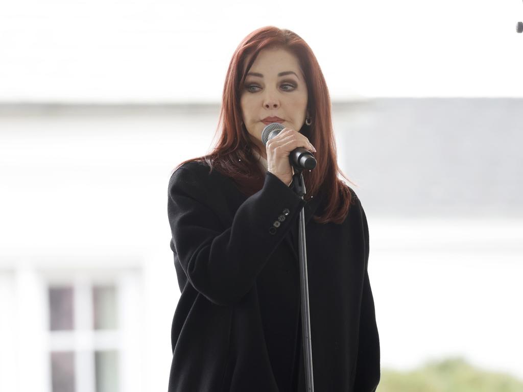 Priscilla Presley speaks at the public memorial for Lisa Marie Presley at Graceland. Picture: Getty Images for ABA