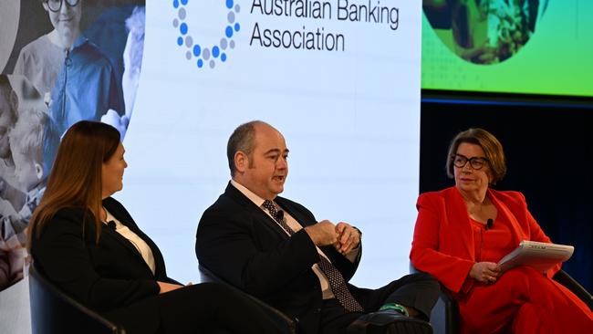 (L-R) Marnie Baker, ABA Deputy Chair &amp; CEO, Andrew Irvine, ABA Chair &amp; Group CEO and Anna Bligh AC, ABA CEO at the Australian Banking Association banking conference last year. Picture: Supplied