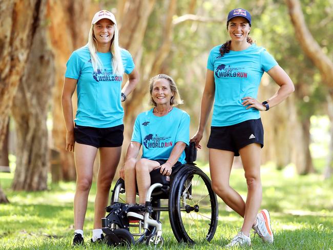 Molly Picklum (l to r), Sam Bloom and Jess Fox are taking part in Red Bull’s Wings for Life Run. Picture: Tim Hunter