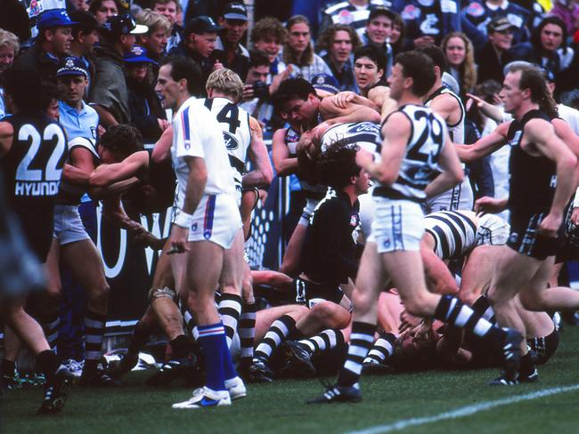 The half-time brawl was the most competitive Geelong got in the 1995 AFL Grand Final. Picture: Getty Images