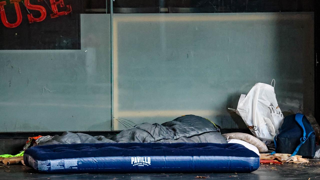 A homeless person’s belongings on the streets of Adelaide. Sandor was forced to sleep rough in the city, laying down on a piece of cardboard for comfort, when he found himself homeless and unemployed. Picture: Russell Millard