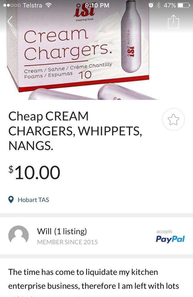 Cream chargers, Nangs, Whippets for sale in Hobart on Gumtree. Picture: GUMTREE.