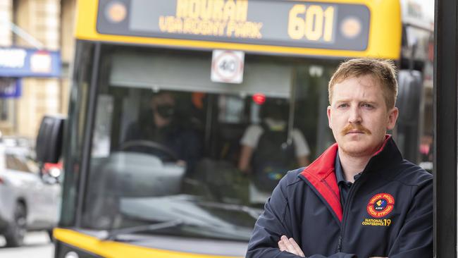 Australian Manufacturing Workers Union state organiser Jacob Batt at the Elizabeth Street bus mall, Hobart. Picture: Chris Kidd