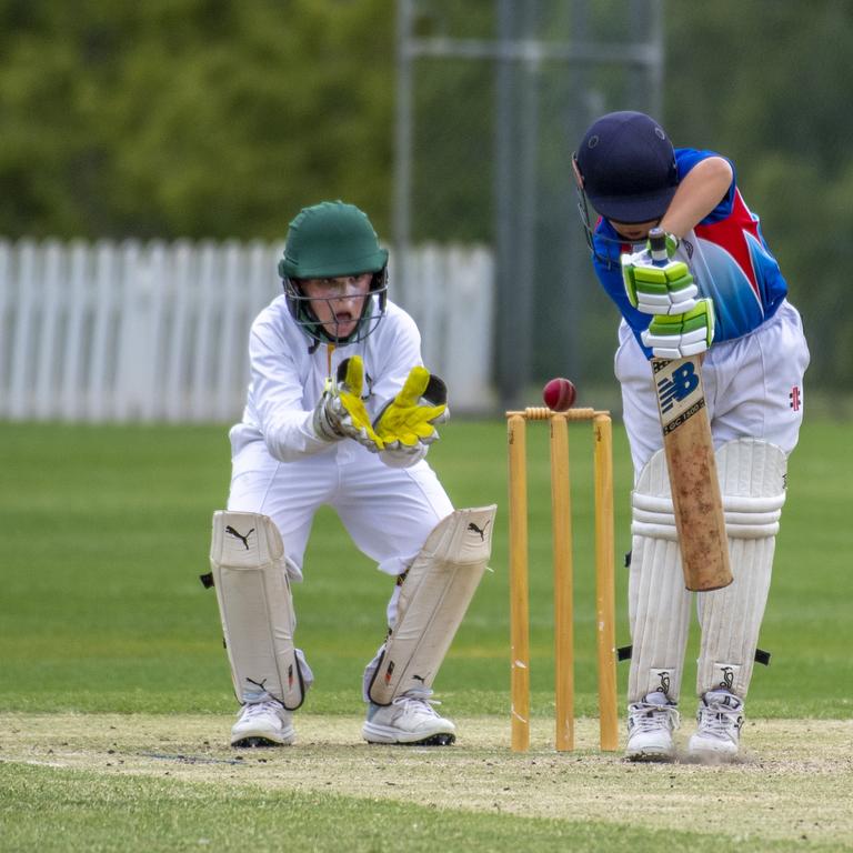 A young Banjo Seaniger batting for Darling Downs. Metropolitan West vs. Darling Downs. Queensland School Sport Championships 10-12 Boys Cricket State Championships. Tuesday. 17th Nov 2020. Picture: Nev Madsen