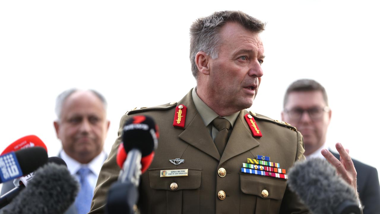 Lieutenant General Greg Bilton speaks at a press conference on board HMAS Canberra in Sydney before the opening ceremony Exercise Talisman Sabre. Picture: NCA NewsWire / Damian Shaw