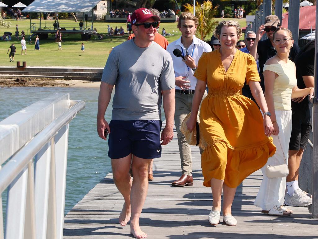 Queensland Premier Steven Miles and member for Pumicestone Ali King during a visit to Sandstone Point in Moreton Bay. Picture: Tertius Pickard