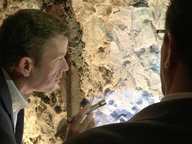 Veterans' Affairs Minister Dan Tehan in a cave at Naours, in northern France, where the names of Australian WW1 soldiers were found scrawled in underground caverns. Picture: Supplied