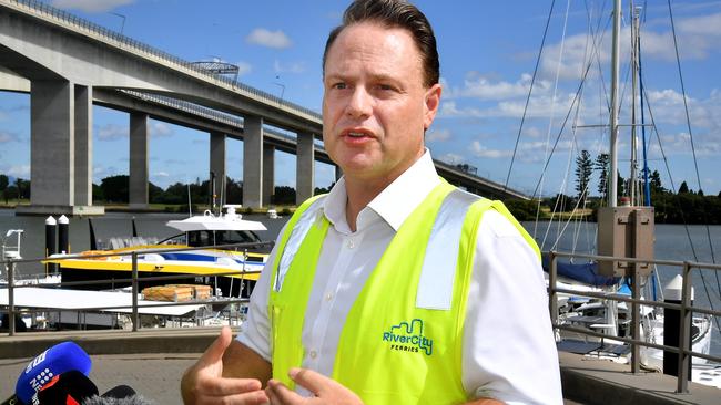 Brisbane Lord Mayor Adrian Schrinner outlines cyclone preparations on Tuesday. Picture: John Gass