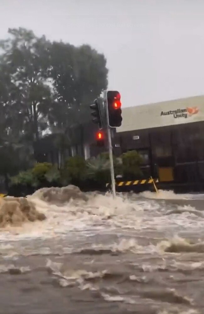 Flash flooding across Pittwater Rd, near Redman Rd, in the Dee Why CBD on Thursday morning disrupted peak hour traffic. Picture: Dale Drinkwater (Twitter)