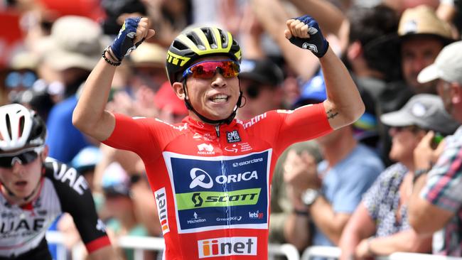 Caleb Ewan celebrates winning stage six of the Tour Down Under last year. Picture: AAP Image