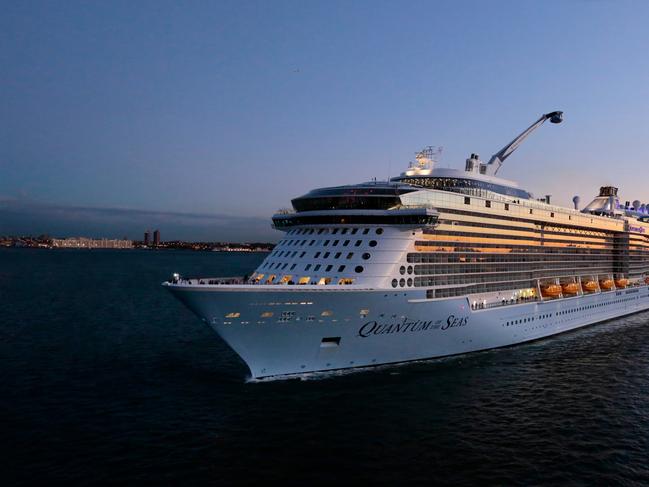 Quantum of the Seas arrives to New York City in November, 2014, QN, Aerial, Aerials, skyline, sunset, city at dusk, New Jersey, Bayonne, harbor,