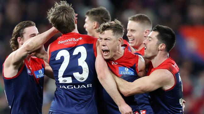 Jake Melksham celebrates his clutch goal which lifted the Demons to a famous win. Picture: Mark Stewart