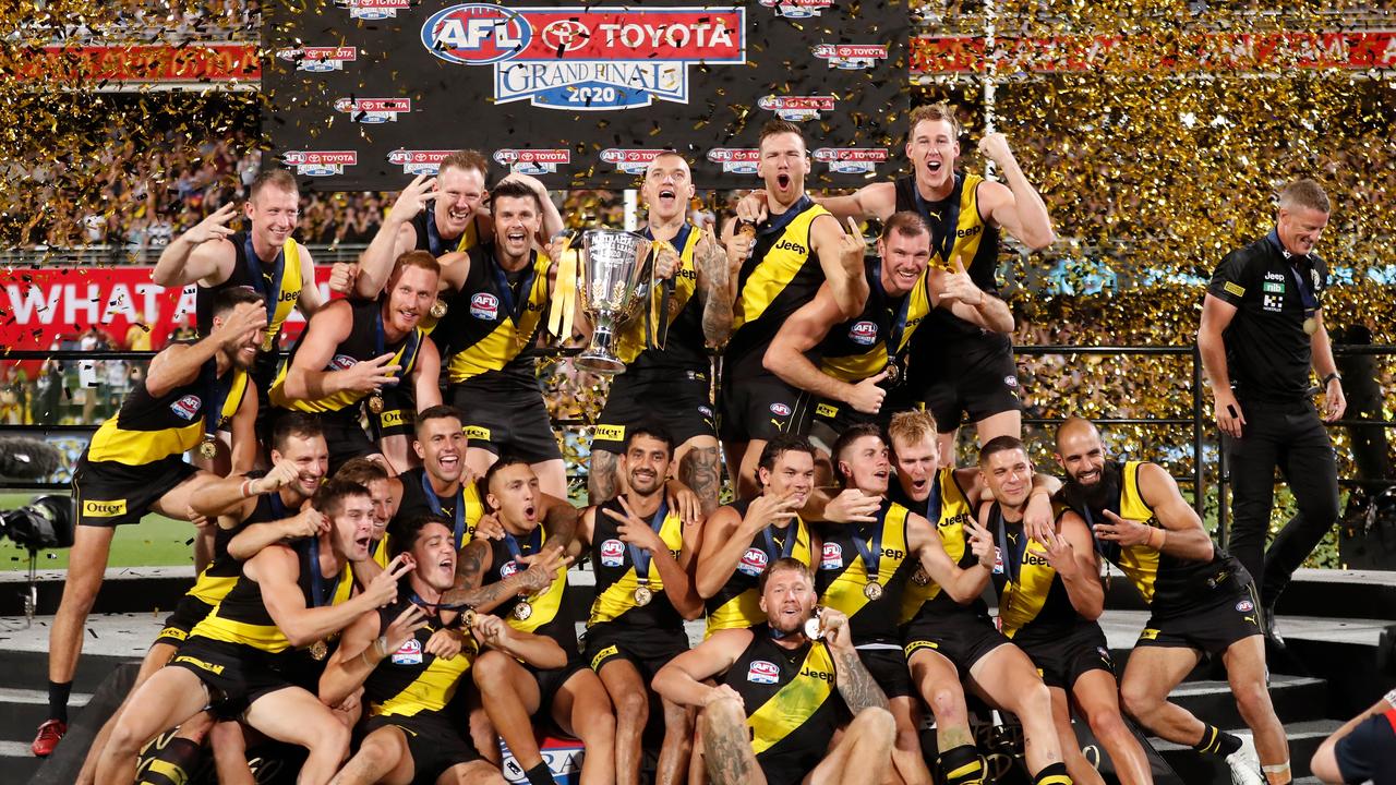 The Richmond Tigers celebrate winning the 2020 AFL Grand Final at The Gabba. Picture: Michael Willson/AFL Photos via Getty Images