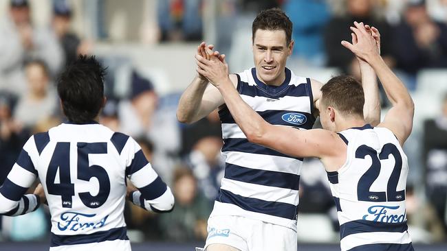 Jeremy Cameron was having a ball on his debut for Geelong. Picture: Daniel Pockett/AFL Photos/via Getty Images