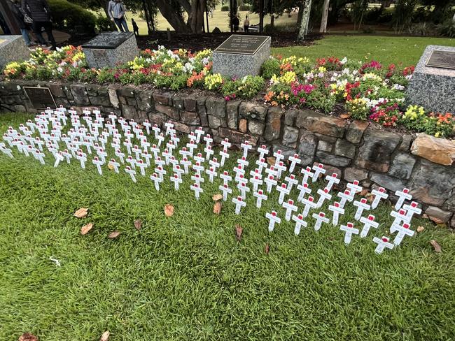 Crosses at the cenotaph at Maryborough's dawn service.