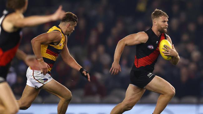 Jake Stringer charges forward during the fourth quarter in his 150th game. Picture: Michael Klein