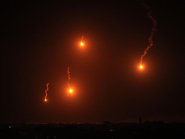 Flares lighting the skies over Khan Yunis in the southern Gaza Strip. Picture: AFP