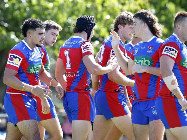 The Knights celebrate a Connor Votano try (headgear). Picture: Michael Gorton