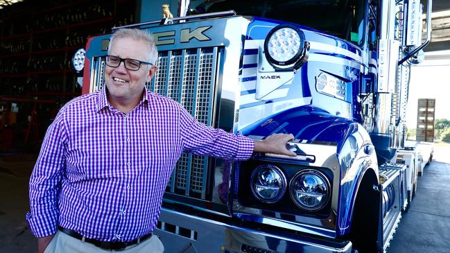 Prime Minister Scott Morrison visits Gladstone Ocean Tyres in Queensland on Sunday. Picture: Adam Taylor