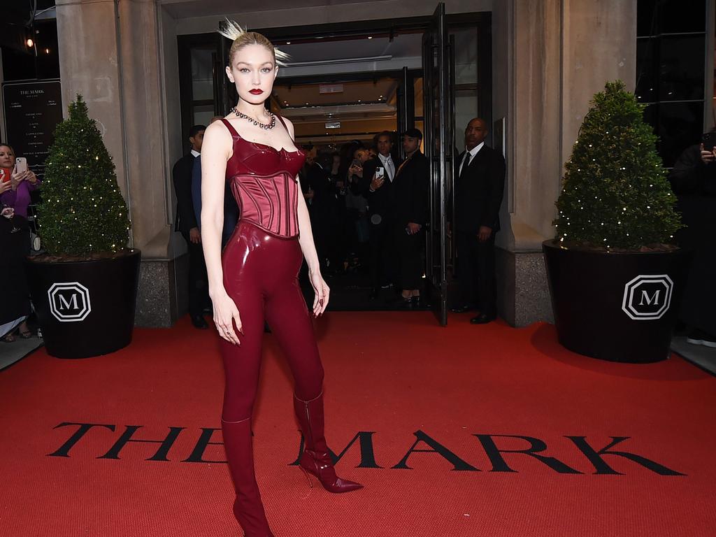 Gigi Hadid departs The Mark Hotel for 2022 Met Gala. The Mark is one of several hotels where stars depart from. (Photo by Ilya S. Savenok/Getty Images for The Mark)