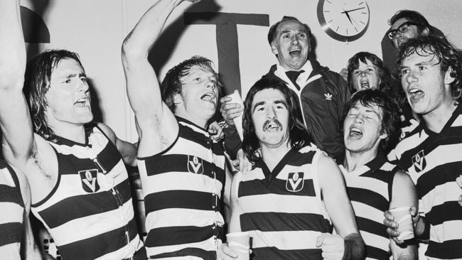 The late Michael Turner with his Geelong teammates Michael Woolnough, Paul Sarah, Bryan Cousins and Jack Hawkins after a 1976 elimination final win over Footscray.