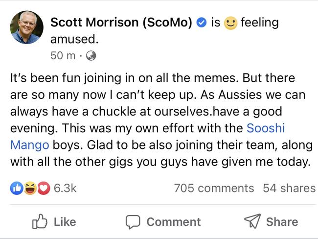 Former prime minister Scott Morrison posted on Facebook in the wake of his portfolio power grab saga. Picture: Facebook