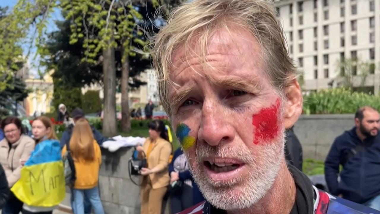 Ryan Wesley Routh speaking during an interview at a rally to urge foreign leaders and international organisations to help provide humanitarian aid to Ukraine in April, 2022. (Photo by AFPTV / AFP)