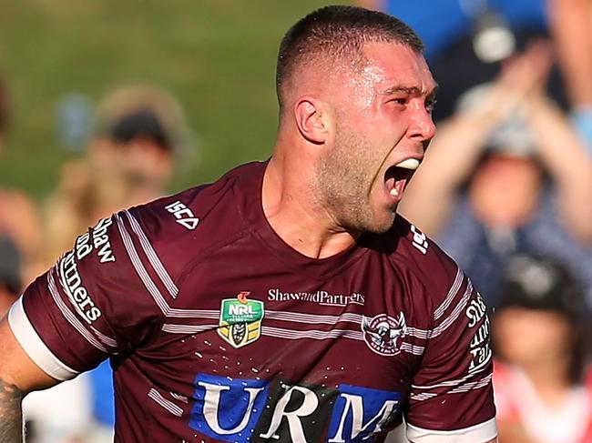 SYDNEY, AUSTRALIA - MARCH 18:  Curtis Sironen of the Sea Eagles celebrates scoring a try during the round two NRL match between the Manly Sea Eagles and the Parramatta Eels at Lottoland on March 18, 2018 in Sydney, Australia.  (Photo by Jason McCawley/Getty Images)