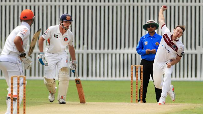 March 13, Sports Dr, Runaway Bay, Gold Coast Queensland. Burleigh fast bowler Sam Yabsley in action during round 16 of the Gold Coast Cricket Kookaburra Cup first grade cricket competition played at Runaway Bay between local side Runaway Bay and Burleigh. Picture Scott Powick Newscorp