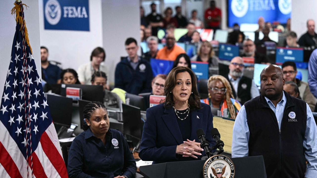 US Vice President and Democratic presidential candidate Kamala Harris speaks alongside emergency management experts in Washington on September 30. Picture: AFP