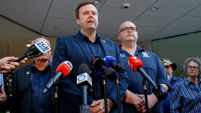 RTBU NSW secretary Toby Warnes speaks outside the Fair Work Commission on Christmas Eve in Sydney. Picture: Nikki Short