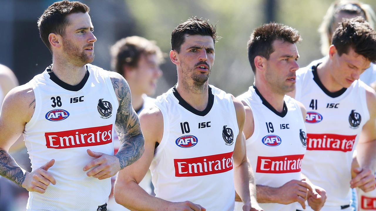 Jeremy Howe and Scott Pendlebury at Collingwood training. Picture: Getty Images